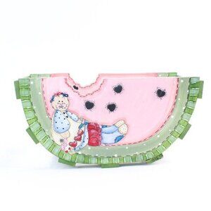 Vintage Toll Painting Watermelon Doll Folk Art Primitive Country Wooden Holder